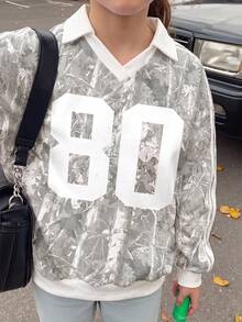 SHEIN Academy Style Digital 80 迷彩乾葉印花 美式校園風 Citywalk 街頭氛圍 休閒校園運動風 青少年女孩簡約寬鬆圓領舒適長袖衛衣 適合秋冬 - 彩色 - 查看 3