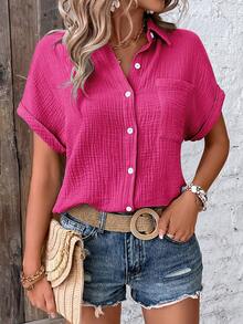 EMERY ROSE Women's Solid Color Batwing Short Sleeve Single-Breasted Casual Pocket Shirt - Hot Pink - View 5