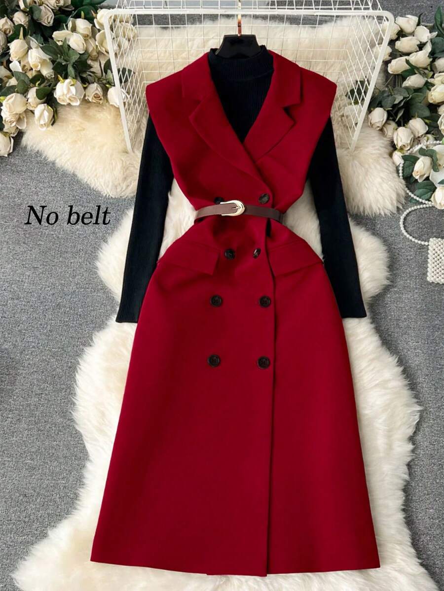GlowEve Blazer informal de doble botonadura y sin mangas de unicolor