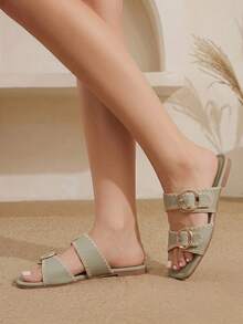 Styleloop Women Shoes Spring And Summer New Models, Multi-Color Embroidered Edge Square Toe Double Buckle With Flat Bottom Sandals, Retro Casual Style - Light green - View 7