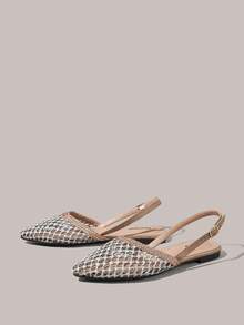 Styleloop 新款節日女款平底鞋，後繫帶，低鞋口尖頭，露跟，透氣鏤空設計 - 卡其絨灰席 - 查看 3