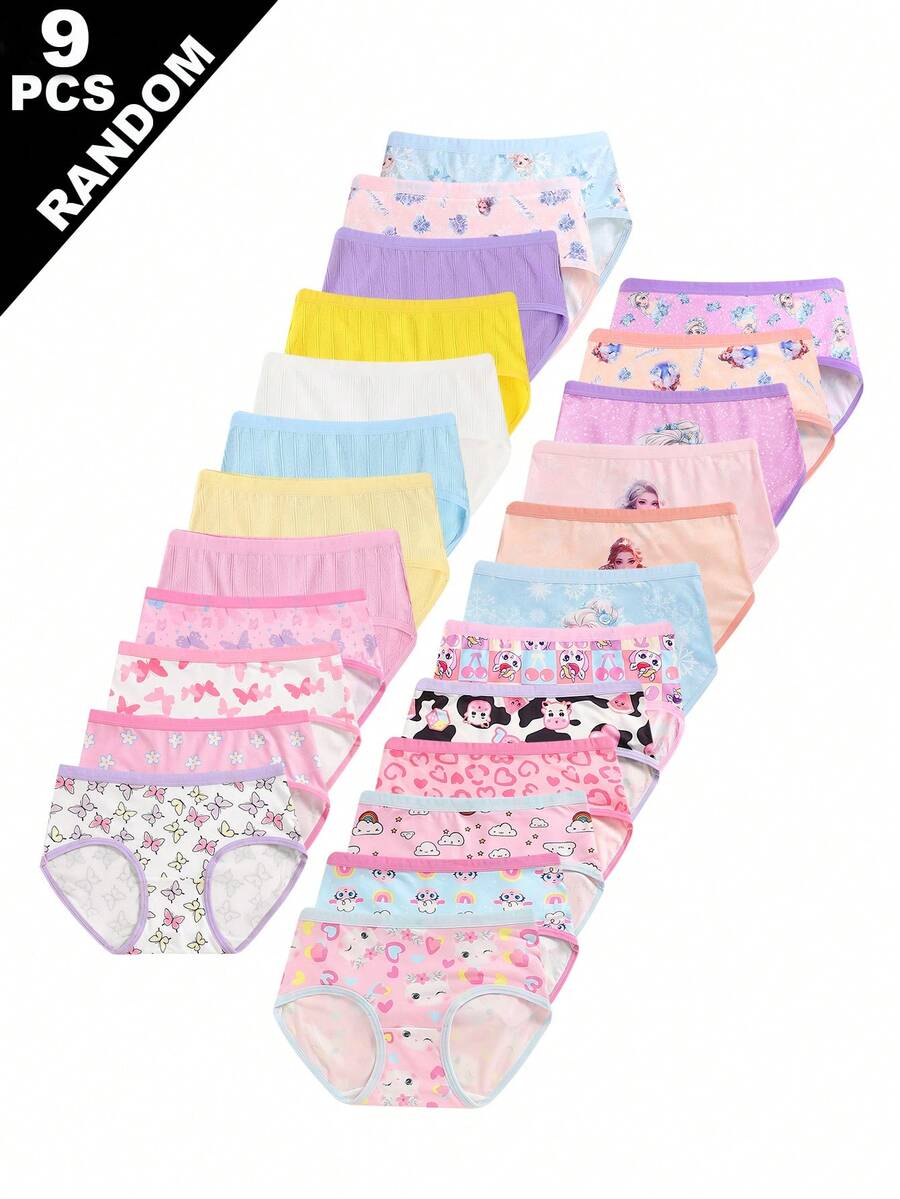 SHEIN 9件套 女童卡通动物、爱心、彩虹、云朵印花简约时尚三角内裤 - 彩色 - 查看 1