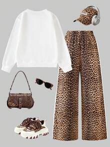 SHEIN 少女秋季白色豹紋印花衛衣套裝，返校季校園風，秋季棕色運動風 80s Y2K - 白色 - 查看 2