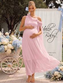 Loomaby Maternity Sweet Fashion Asymmetrical Shoulder Lace Patchwork Ribbon Dress Fall - Pink - View 4