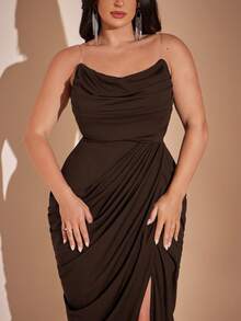 SHEIN BAE CURVE Plus Size Women Black Long Slit Elegant Dress - Brown - View 3