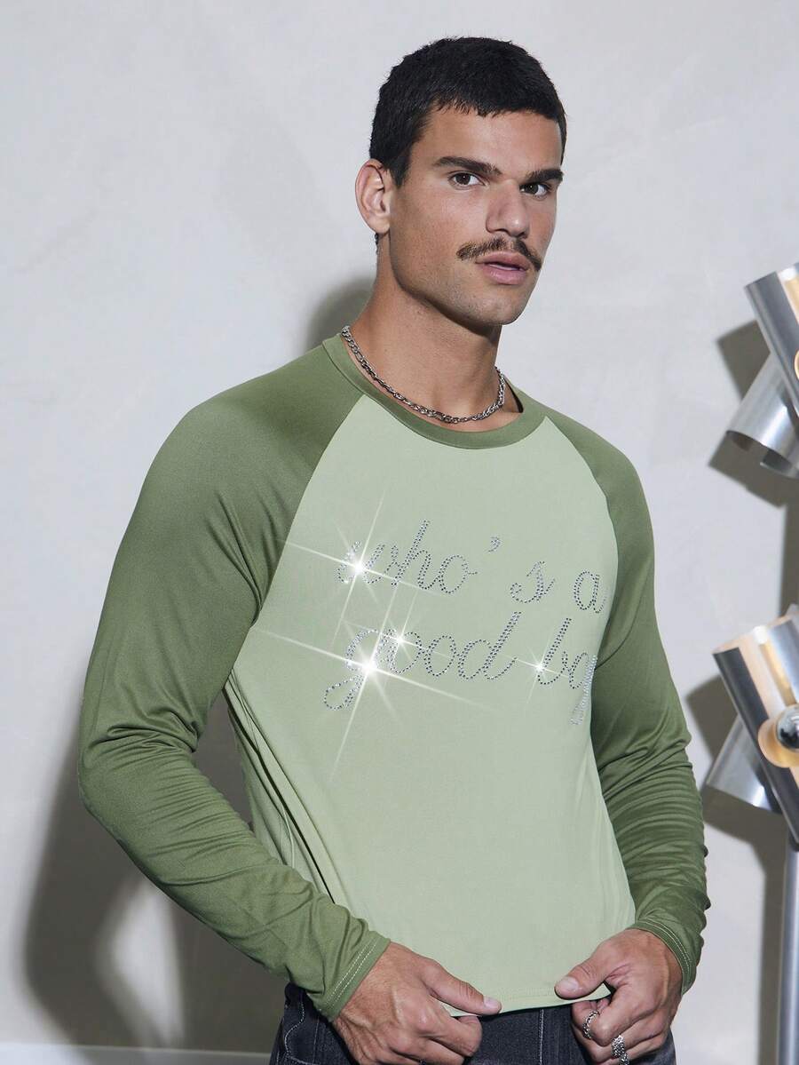 FeverCity Men's Colorblock Patchwork Letter Rhinestone T-Shirt - Multicolor - View 1