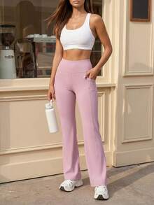 SHEIN Sports 高腰纯色紧身瑜伽裤，适合健身 - 粉色 - 查看 3