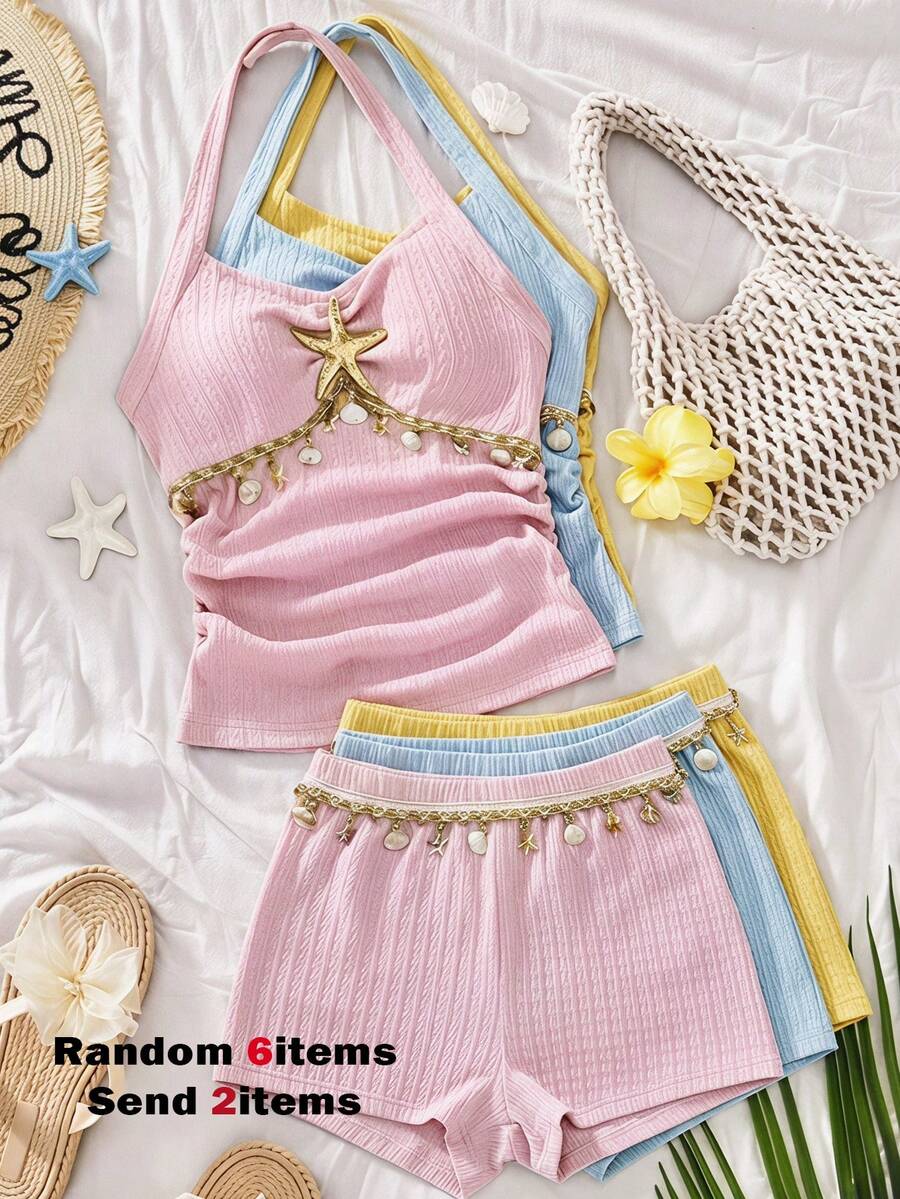 SHEIN Sparklyn 少女海洋風掛脖式兩件式泳衣套裝,3D壓褶紋理,掛脖設計貼合肩頸,上衣飾有水鑽海星、貝殼與金色流蘇,腰部綴有天然貝珠,營造海洋浪漫風情,附同材質百褶短褲 - 粉色 - 查看 1