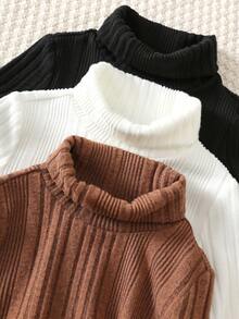 SHEIN تي شيرت بياقة عالية للأطفال والفتيان الصغار، كاجوال متعدد الاستخدامات، لون سادة، قطعة - متعدد الألوان - مشاهدة 3