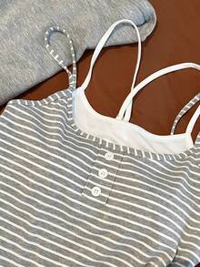 Franclia Plus Size Striped Button Contrast Color 2 In 1 Camisole And Shorts Set - Grey - View 5