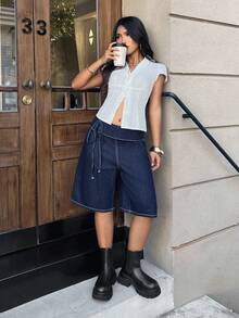 SHEIN EZwear 女款時尚街頭休閒繫帶牛仔短褲 旅行海軍藍 夏季 - 藍色 - 查看 8