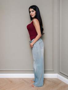 Hindelle Women Elegant Casual Solid Color Pleated Fitted Crew Neck Tank Top Summer - Burgundy - View 3