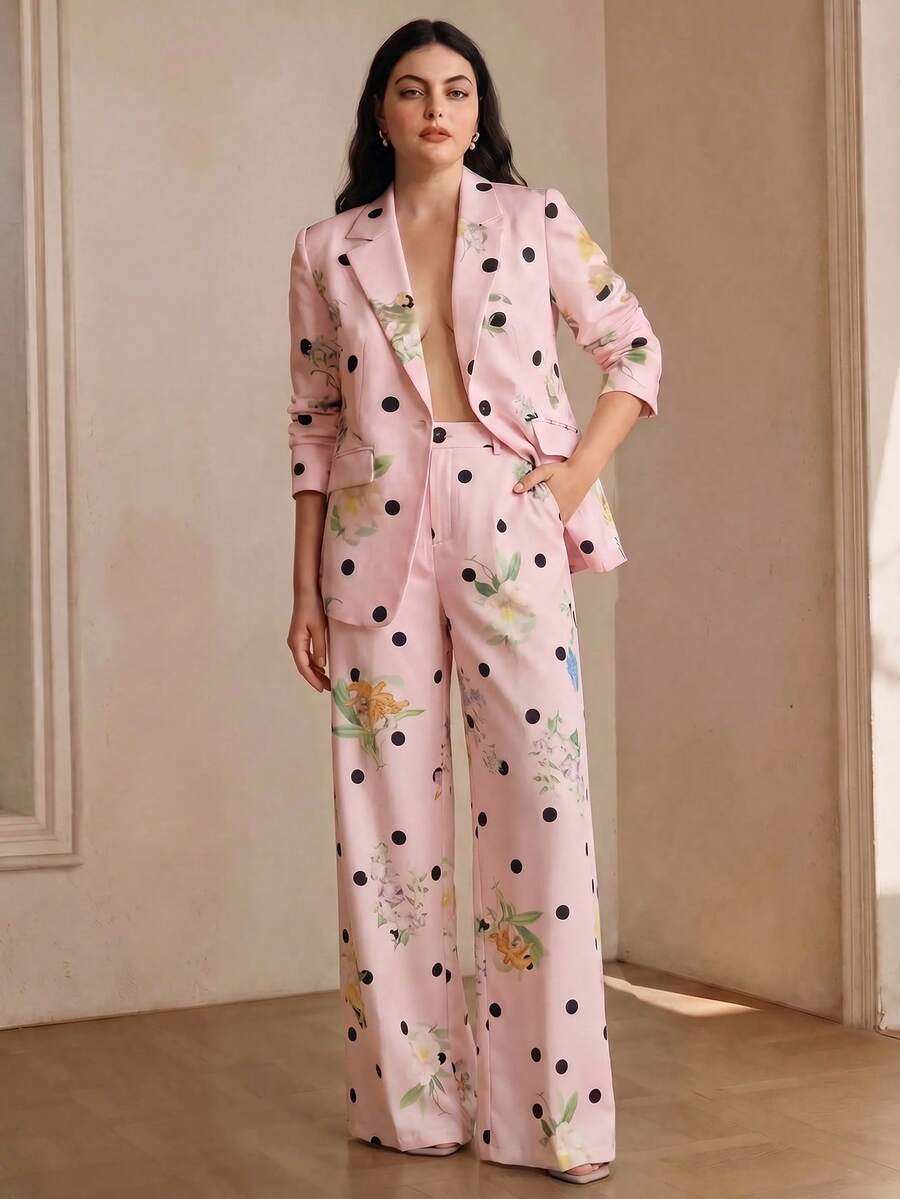 Anewsta 女款時尚高端優雅圓點碎花修身大尺碼西裝長褲,時尚、外出、派對、正式 - 粉色 - 查看 1