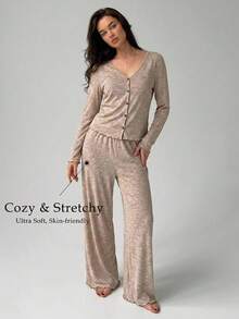 Livesso Women's Solid Color Long Sleeve Open Front Top, Camisole And Pants Loungewear Set Fall - Khaki - View 5