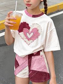 青少年女孩休閒極簡卡通印花短袖上衣與短褲兩件套，適合夏季 - 彩色 - 查看 1