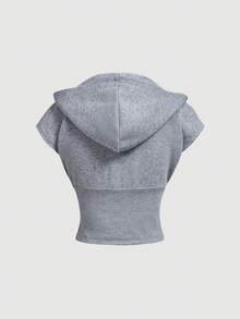 SHEIN MOD بلوزة نسائية كاجوال عتيقة بسحاب وغطاء رأس للخروج الليلي والاستخدام اليومي والنهار والخروج رمادي صيفي أبيض.هالوين.العودة إلى المدرسة. - رمادي - مشاهدة 5