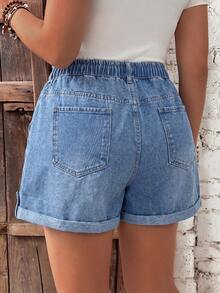 EMERY ROSE EMERY ROSE Plus Size Versatile Drawstring Waist Pocket Streetwear Baggy Denim Shorts Summer Vacation Loose Back To School Beach Halloween Navy Blue - Blue - View 2