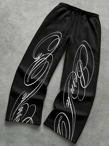 Manfinity Hypemode Hypemode Men's Sports Set, Bold Letter Print, Outdoor Street Sports Casual Hoodie & Pants Set - Black - View 5