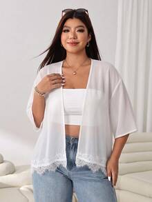 Solflare Chaqueta de talla grande con patchwork de encaje de unicolor - Blanco - Ver 5