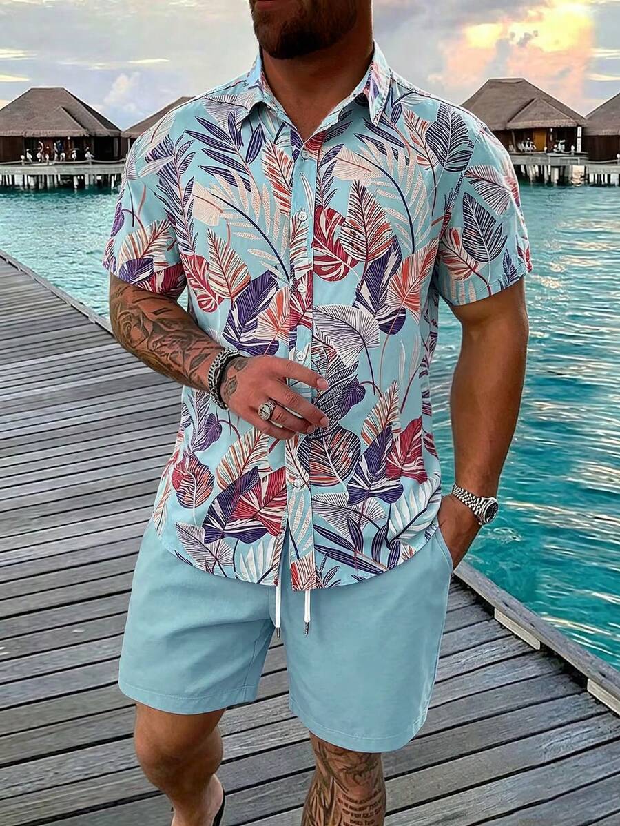 Genlund 2件組男士度假休閒花卉印花短袖襯衫與純色短褲套裝,舒適穿搭 - 彩色 - 查看 1