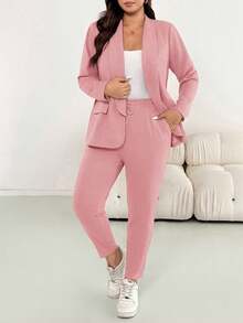 Shapeblank Plus Size Women Solid Color Long Sleeve Jacket And Pants Casual Daily 2 Pieces Set Fall - Pink - View 4