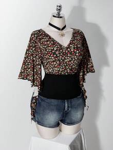 SHEIN ICON Women's Plus Size Floral Patchwork Ruffle Trim T-Shirt - Black - View 4