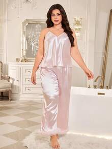 MuseNap CURVE Light Pink Satin Striped V-Neck Camisole & Wavy Hem Long Pants Plus Size Pajama Set - Baby Pink - View 6