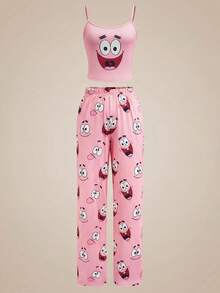 SpongeBob SquarePants | SHEIN 女士吊带可爱印花舒适睡衣套装 - 粉色 - 查看 1