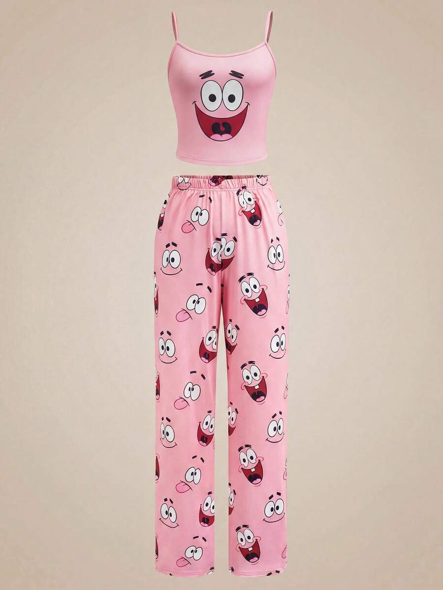 SpongeBob SquarePants | SHEIN 女士吊带可爱印花舒适睡衣套装 - 粉色 - 查看 1