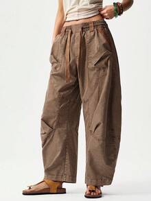 Bohemela Spring/Summer Vacation Solid Color Woven Harem Pants For Women - Brown - View 3
