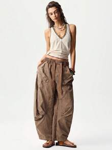 Bohemela Spring/Summer Vacation Solid Color Woven Harem Pants For Women - Brown - View 6