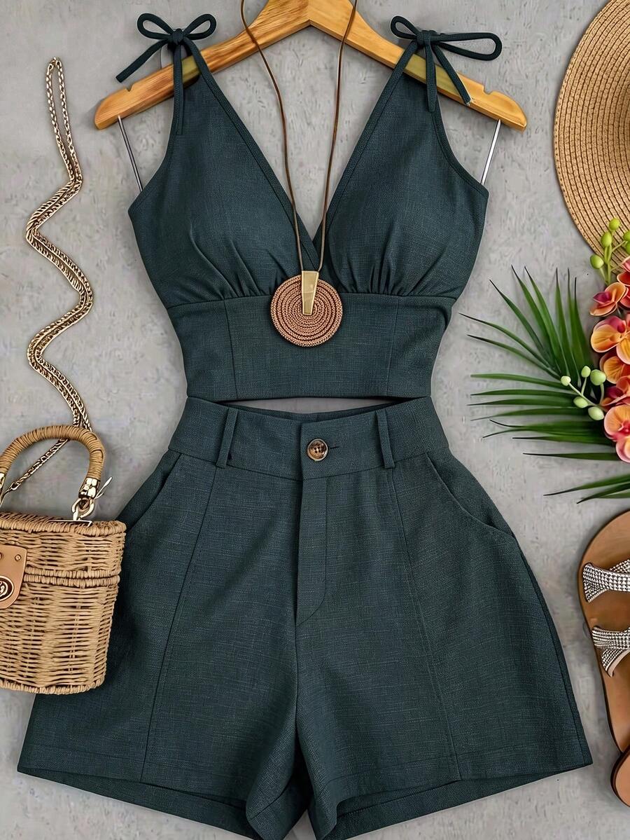 SHEIN Franclia Set Atasan Wanita Berlipit dengan Tali Serut untuk Liburan dan Celana Pendek Berkancing - Dark Green - View 1