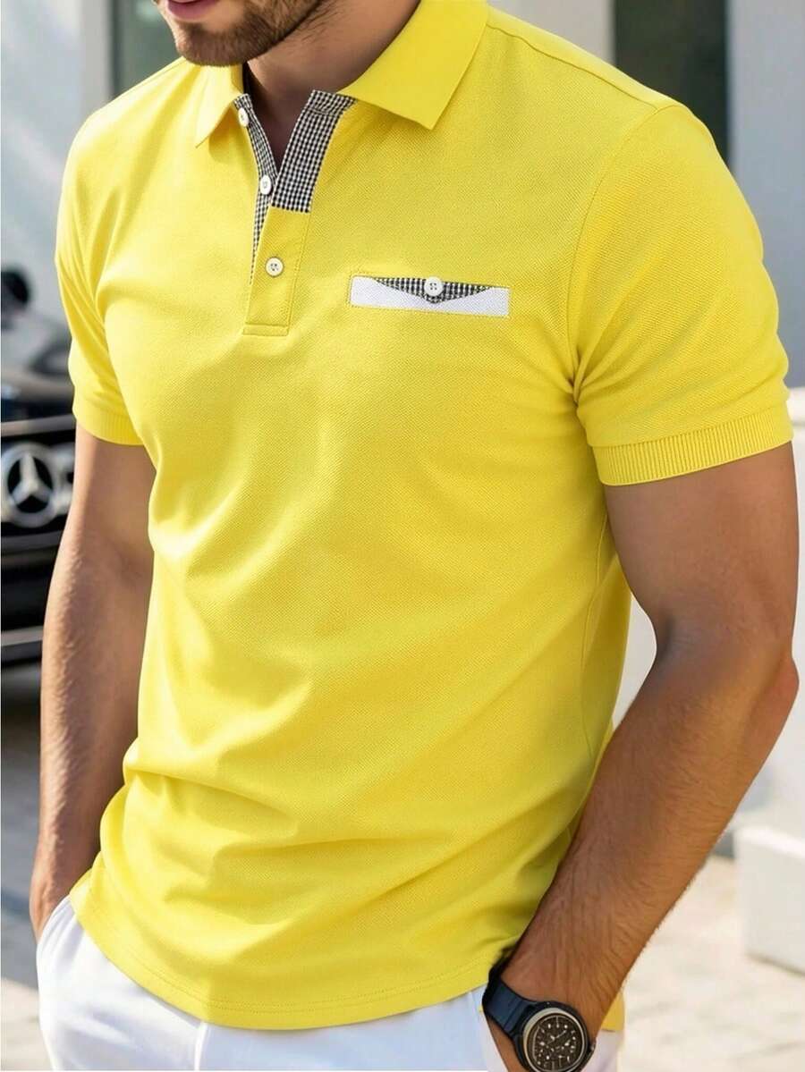 Manfinity Mode 男士拼接格紋短袖休閒通勤 Polo 衫 - 芥末黃 - 查看 1