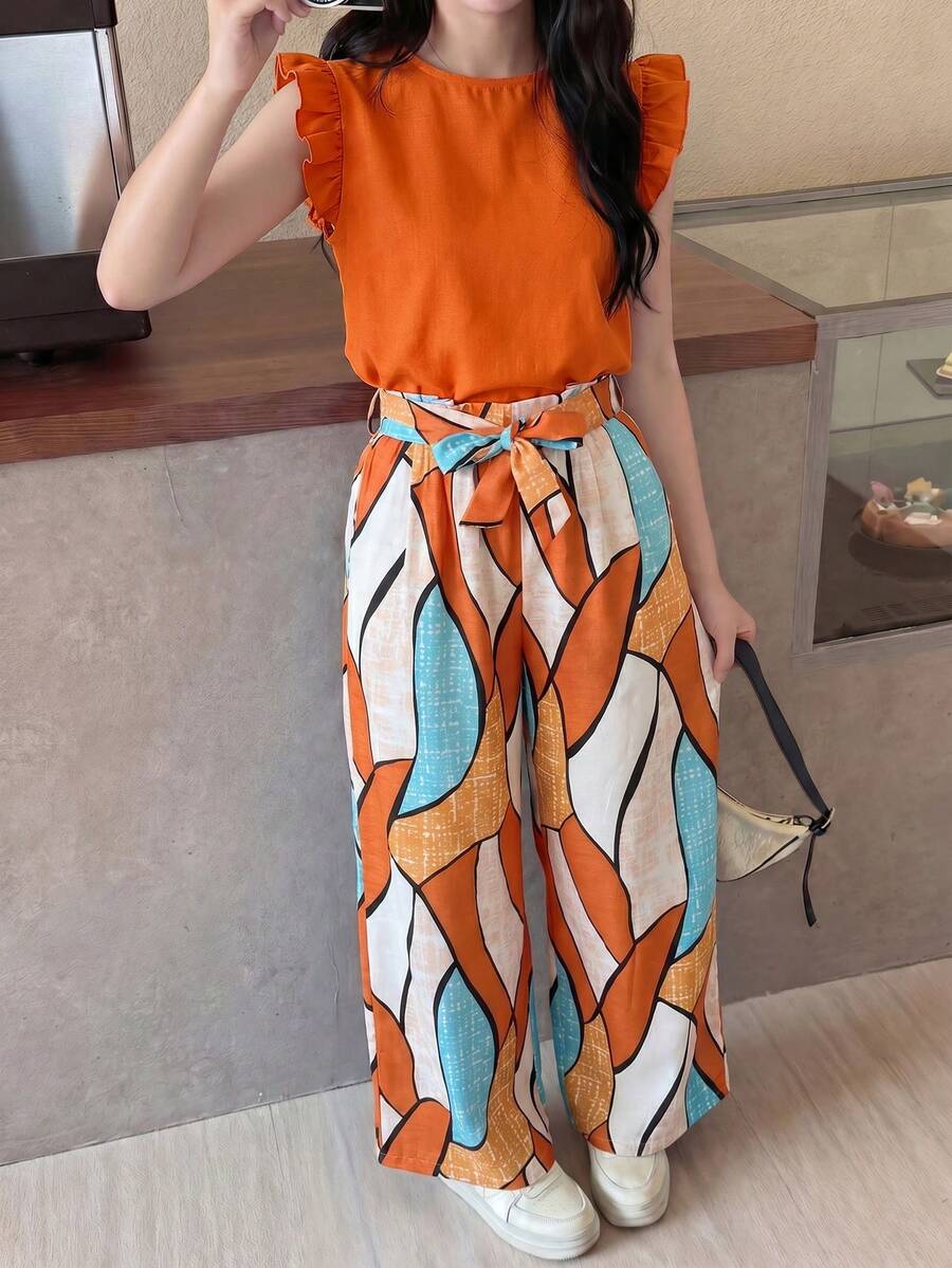 SHEIN 少女纯色衬衫和印花长裤套装,休闲夏季假日装 - 橘色 - 查看 1