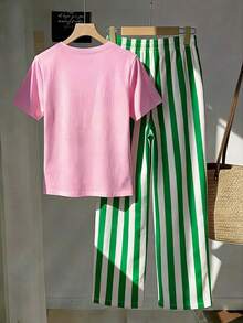 Comfortcana Women's Minimalist Letter Print Crew Neck T-Shirt And Striped Drawstring Waist Pocket Pants 2-Piece Set - Multicolor - View 2