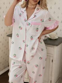 CottageSlumber Sweet Fresh Pink Ditsy Floral Plus Size Pajama Set, Ruffle Trim Cardigan 2 Pieces Loungewear - Pink - View 5