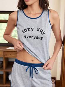 Doze Lane Women's Tank Top Shorts Casual Modest Pajama Set, Minimalist, Suitable For Outdoor Wear Lounge Sleep Grey Summer - Multicolor - View 6