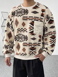 DAZY Khaki Lambswool Fabric Thermal Lined Geometric All-Over Floral Vintage Pattern Ribbed Cuff Collar Hem Men's Pullover Sweatshirt - Khaki - View 4