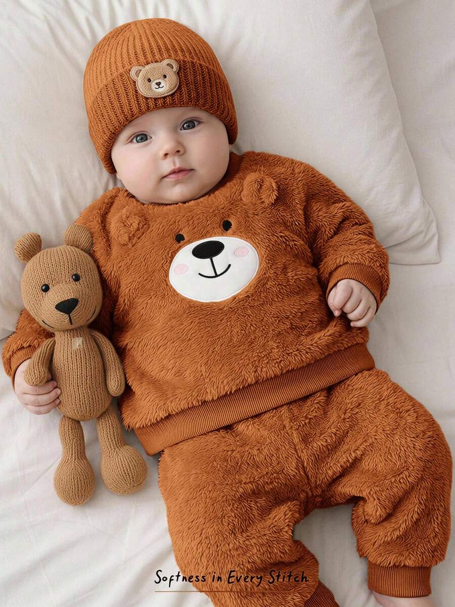 Cozy Pixies 男嬰卡通熊圖案抓絨內裡加厚圓領長袖套頭衛衣與彈性腰長褲 2 件套 秋冬款 - 棕色 - 查看 1