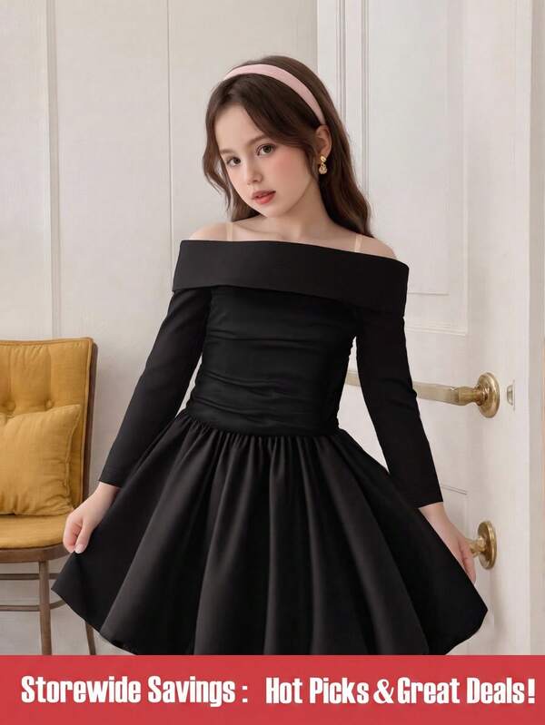 SHEIN 新款夏/秋季韩版简约休闲露肩日常装年轻女孩连衣裙