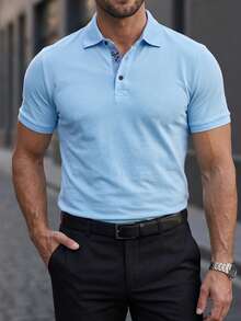 Manfinity Mode Men's Contrast Trim Buttoned Half Placket Short Sleeve Polo Formal Shirt, For Golf, Ceremony - Baby Blue - View 4