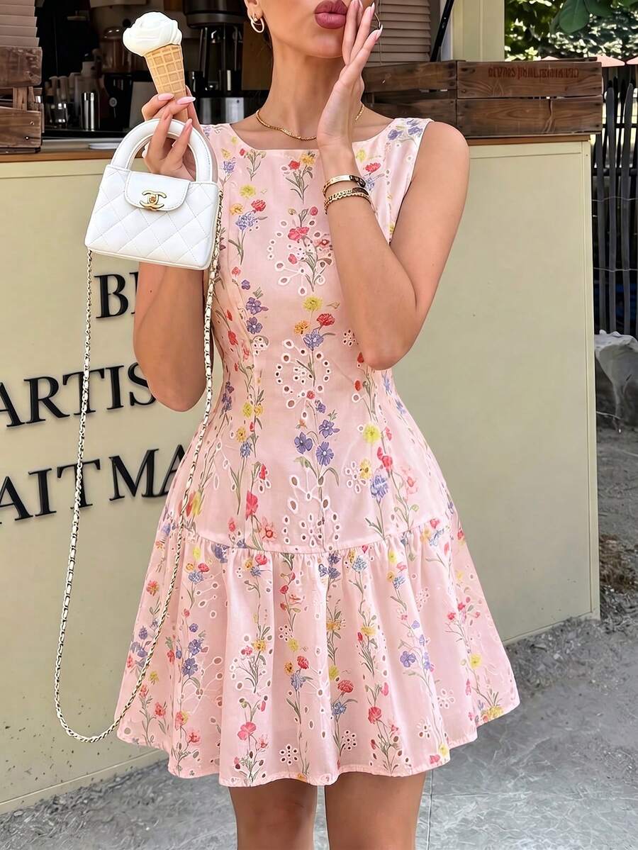 Flora Isola Flora Isola Women's Summer White Floral Print Hollow Embroidered Sleeveless Ruffle Trim A-Line Short Dress - Baby Pink - View 1
