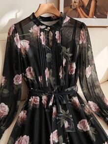 SHEIN Clasi 女款優雅通勤花卉印花襯衫附腰帶 - 彩色 - 查看 4