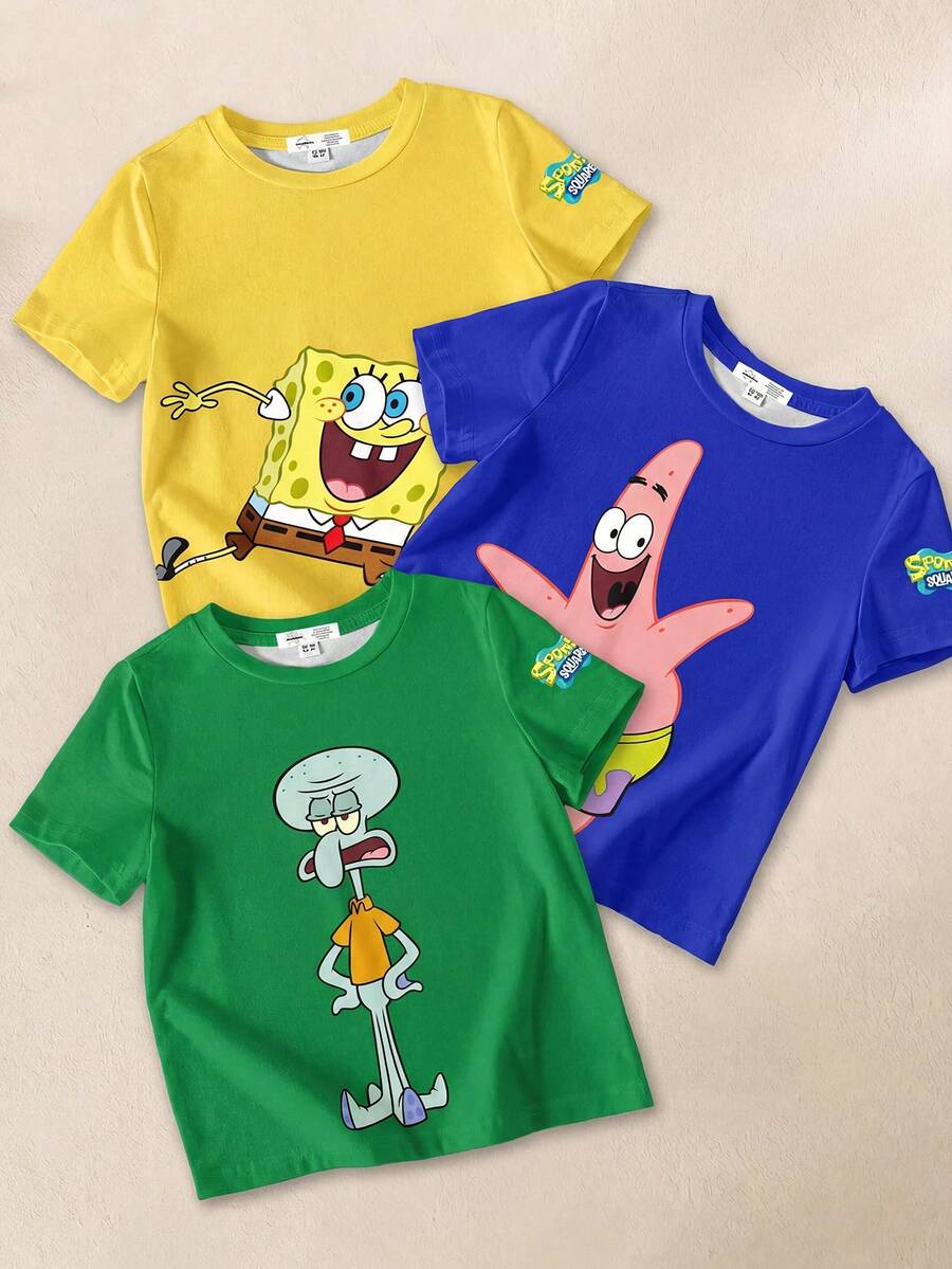 SpongeBob SquarePants | SHEIN 男童三件套夏季休闲可爱卡通字母图案短袖T恤 - 彩色 - 查看 1