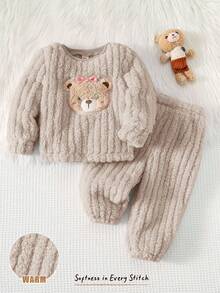 Cozy Pixies Baby Girl Cartoon Bear Pattern Fleece Lined Thick Crew Neck Long Sleeve Pullover Top And Elastic Waist Long Pants 2-Piece Set, Comfortable Versatile Fashionable Daily Cute Bear Pattern Minimalist Basic Style, Suitable For Indoor, Outdoor Skiing, Daily, Sports, Play, Party, Photography, Holiday, Christmas - Apricot - View 3