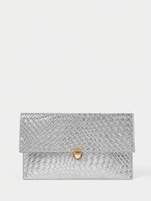 SHECARRY 女士時尚優雅簡約經典百搭銀色編織壓紋PU手拿包信封包，適合日常約會派對通勤下午茶 - 銀色 - 查看 2