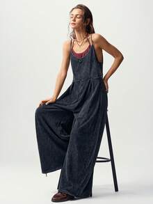 Bohemela Casual Knit Spaghetti Strap Wide Leg Women's Jumpsuit Vacation Dark Green Summer - Black - View 7