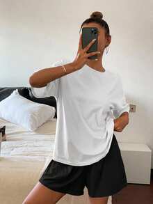 DAZY 女款純色寬鬆短袖T恤與短褲兩件套居家服 - 白色 - 查看 5