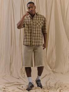 Musero Oversized Cropped Textured Check Shirt 'SPEEDWAY"Embroidery Spring Summer Essentials - Brown - View 4