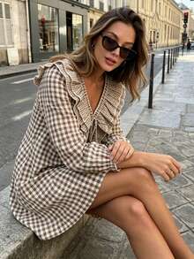 SHEIN فستان كاجوال نسائي بنقشة مربعات مع كشكشة وربطة أمامية وأكمام طويلة - بني - مشاهدة 3